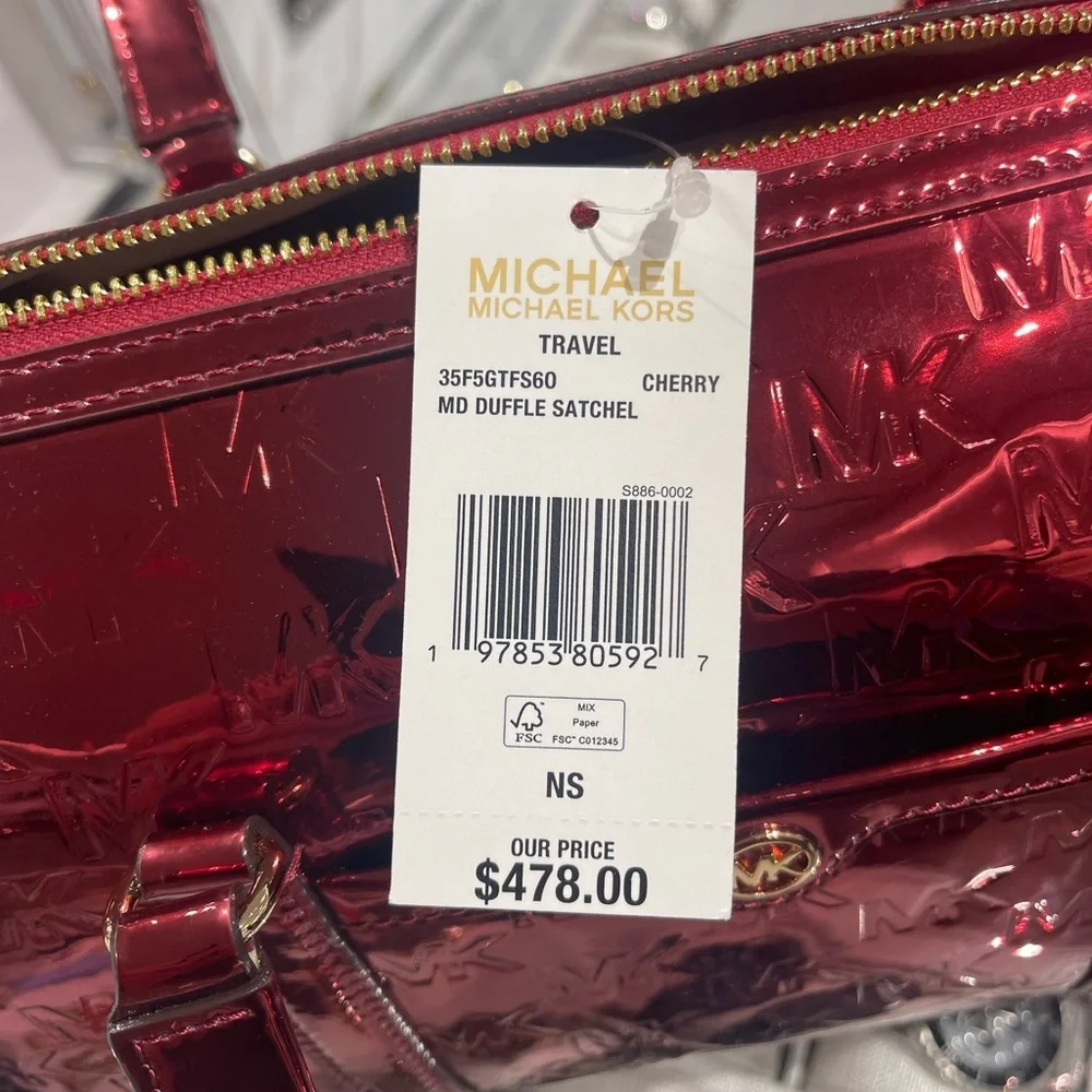 MICHAEL KORS Jet Set Medium Metallic Logo Debossed Satchel Cherry  NWT